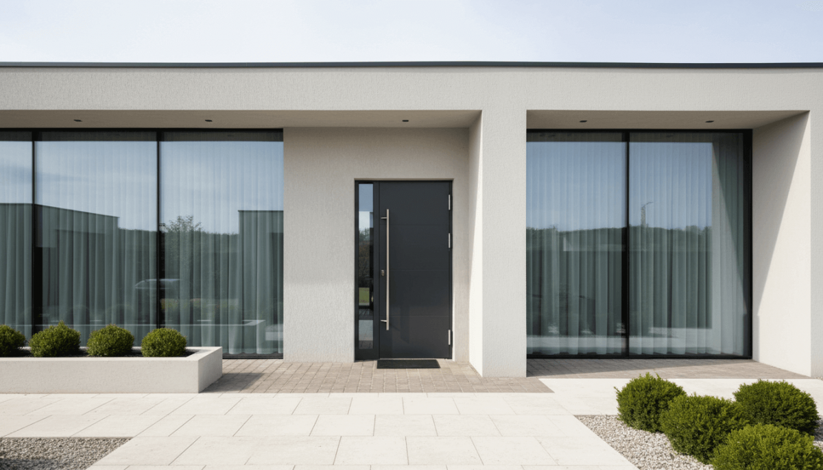 Алюминиевая дверь Calida Lines для дома из газосиликата сочетает тепло, надежность и стильный современный дизайн.